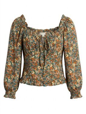 Suite 2939 Floral Peasant Top Size M Cottagecore Smocked Long Sleeve Ruffle